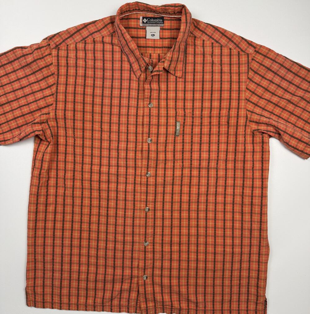 Columbia PFG Plaid Fishing Shirt Mens XL Orange Short Sleeve Button Up